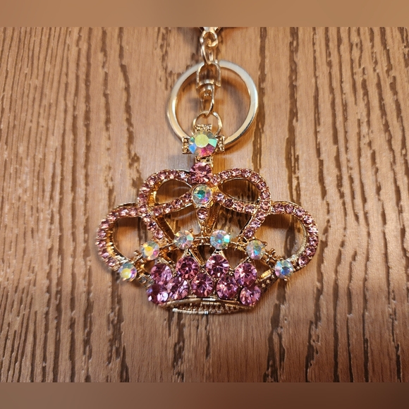 Pink Rhinestone Crown Keychain Purse Charm - Picture 2 of 7